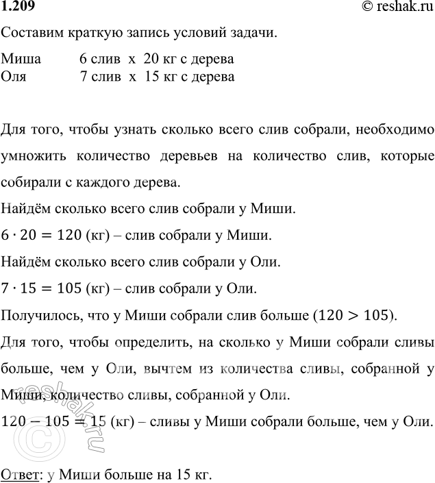 Изображение 1.209. Миша сказал Оле, что у них растёт в саду шесть слив. «А у нас семь, и, значит, слив мы собрали больше», — ответила Оля. Кто собрал слив больше и на сколько, если...